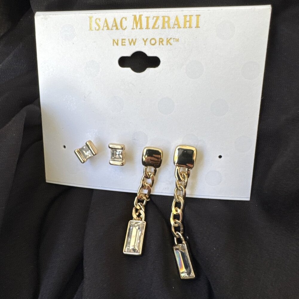 Isaac Mizrahi 4 Pieces CZ Stud & Dangle Goldtone Chain Drop Earrings NEW